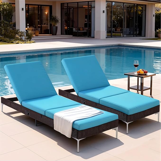 HOMREST Outdoor Lounge Chairs Set of 6, Patio Wicker Chaise Lounge with Removable Cushion, Rattan Pool Sunbathing Recliners with Adjustable Backrest (Turquoise)