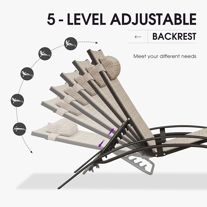 PURPLE LEAF Outdoor Chaise Lounge Chair Set of 3 Patio Pool Lounger Bronze Aluminum Chairs with Side Table Adjustable Tanning Recliner for Outside Backyard Yard Deck Balcony Beach Khaki