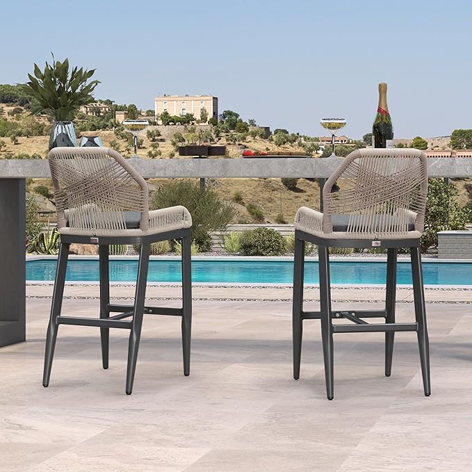 PURPLE LEAF Patio Bar Stool Bar Height Set of 2 Outdoor Rattan Chairs with Back Modern Aluminum Woven Barstools for Garden Indoor Kitchen Gray