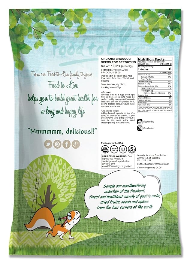 Food to Live Organic Broccoli Seeds for Sprouting, 10 Pounds – Non-GMO, Vegan, Kosher, Sirtfood, Bulk. Rich in Sulforaphane, Vitamin C. Grow Sprouts, Microgreens for Salads, and Sandwiches