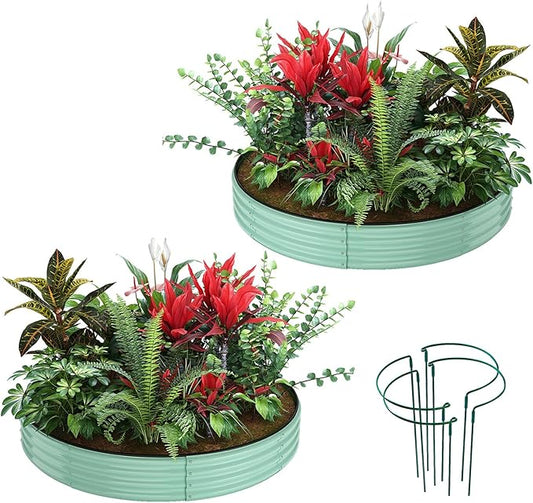 Galvanized Metal Planter Round Raised Garden Bed Kit for Gardening Outdoor，3x3x1ft 2PC Grow Garden Box Raised Flower Bed，Round Galvanized Planter Outdoor Large Metal Fire Pit Ring Green