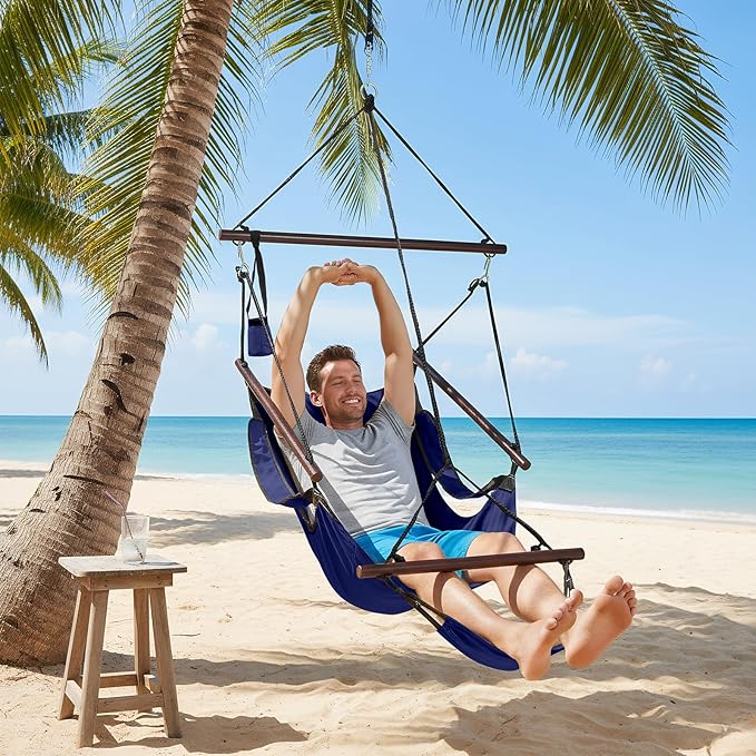 ONCLOUD Sky Chair, Deluxe Hanging Hammock Air Chair Swing Seat with Pillow, Drink Holder, Solid Wood Weather Resistant for Indoor/Outdoor Yard Garden Tree Patio Porch, 250 LBS (Navy Blue)