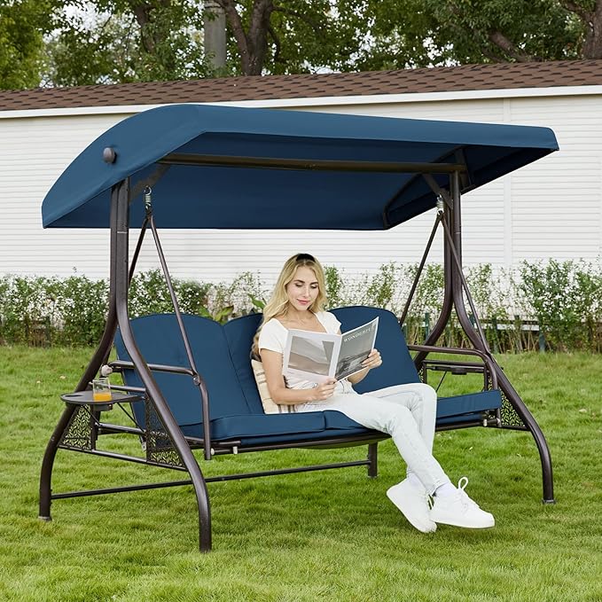 Upgrade 180° Convertible Outdoor Swing for Adults, Outdoor Porch Swing with Stand 800lb Bearing Capacity, 3-Seat Outdoor Swing with Canopy Adjustable, Thickened Cushions (Round, Blue)