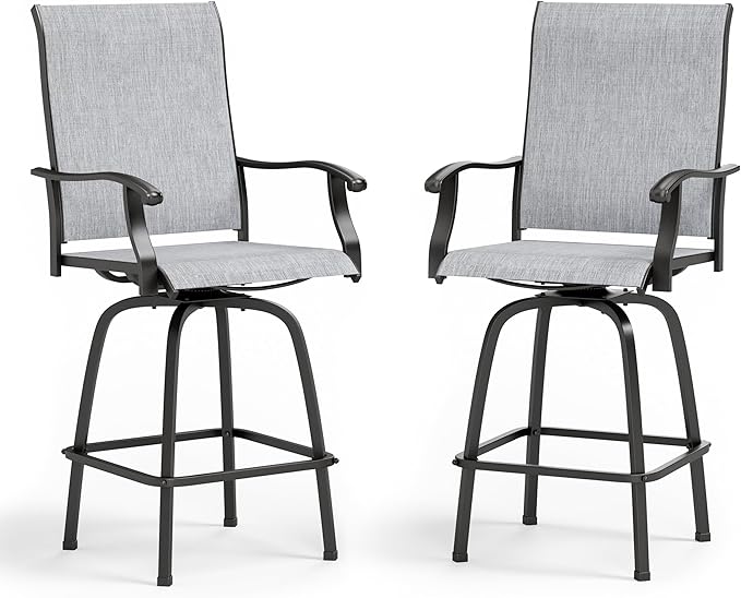 MFSTUDIO Outdoor Bar Stools Set of 2, Swivel Bar Height Patio Chairs Outdoor Barstools High Top Patio Swivel Bar Chairs, Breathable Textilene, Light Grey
