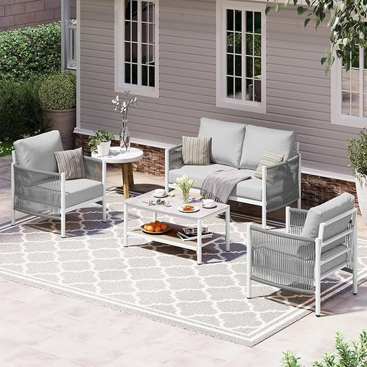 Aluminum Outdoor Patio Furniture Set with Dual-Layer Coffee Table, 4 Piece Modern Patio Conversation Sets with PE Rope, Outdoor Sectional Sofa with Thick Cushions for Balcony, Deck, White