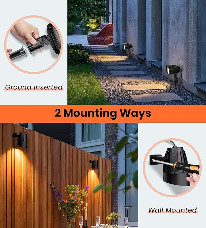 MEIKEE 12W Landscape Lighting, 120V 2700K Warm White LED Garden Lights, IP66 Waterproof Outdoor Landscape Spot Lights with US Plug for Wall Tree Fence Yard Path (2 Pack)
