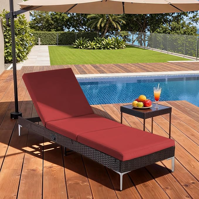 HOMREST Outdoor Lounge Chairs Set of 4, Patio Wicker Chaise Lounge with Removable Cushion, Rattan Pool Sunbathing Recliners with Adjustable Backrest (Burgundy)
