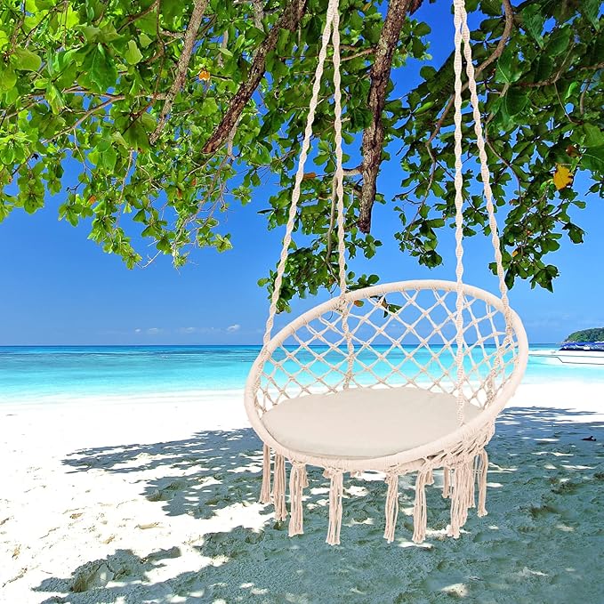 Giantex Hammock Chair Macrame Swing - Hanging Chair with Cushion and Hardware Kit, 330 LBS Weight Capacity, Indoor Swing for Hammock Stand, Patio, Balcony, Living Room Hammock Swing (Beige)
