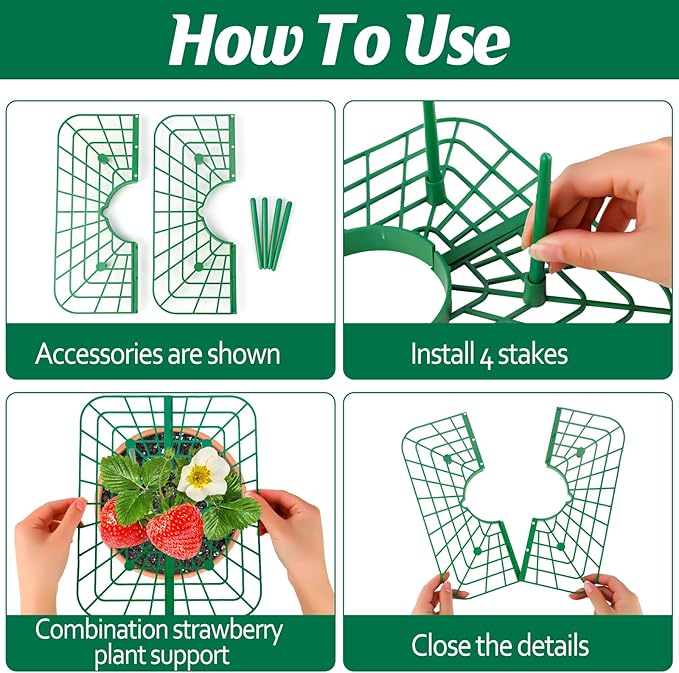 6 Sets Strawberry Plant Support with Mesh Plant Cover,Strawberry Growing Racks Sets with Iron Plant Nails and Storage Bag for Garden Strawberry Vegetables(Green Net - Square)