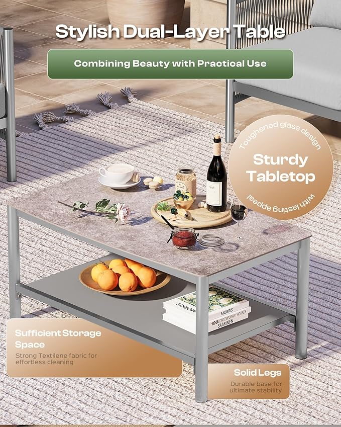 Aluminum Outdoor Patio Furniture Set with Dual-Layer Coffee Table, 5 Piece Modern Patio Conversation Sets with PE Rope, Outdoor Sectional Sofa with Thick Cushions for Balcony, Deck, Silver