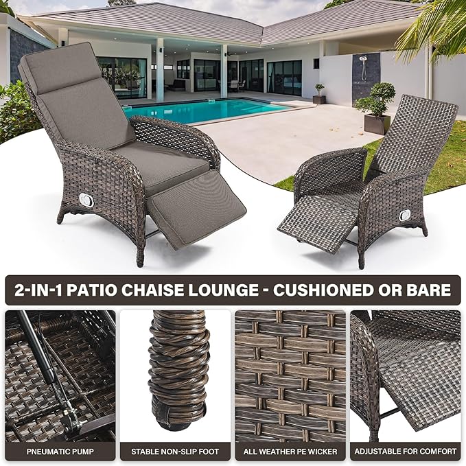 Belord Versatile Outdoor Recliner Chair - 2 Piece Reclining Patio Chair with Adjustable Backrest and Footrest, All-Weather Wicker Chaise Lounge Chair Outdoor for Pool Deck Brown