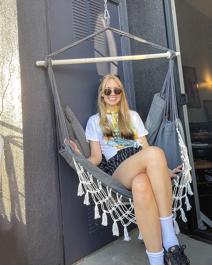 MIZTLI Hammock Chair Hanging Chair Swing Chair XXL Large Macrame Swing Indoor Hammock for Bedroom - Max 500 Lbs - All Hanging Kit Included