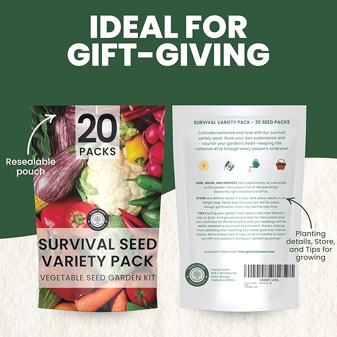 20 Vegetable Seed Packets | Survival Variety Pack | 2026 Season | Individually Packed Vegetables, Herbs and Fruits | Emergency Seed Vault for Doomsday Prepping | by Family Sown