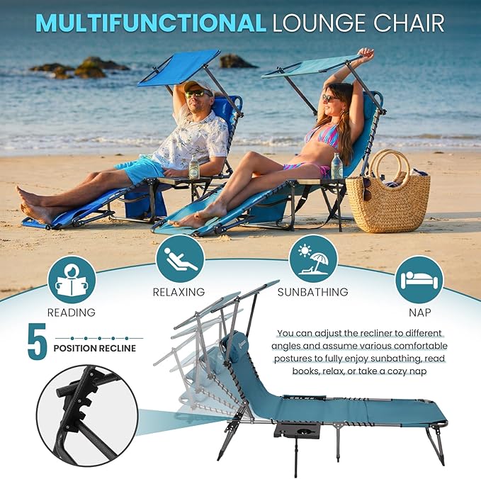 FUNDANGO 4 in 1 Tanning Chair with Face Hole & Canopy Shade, Beach Lounge Chair with Side Table Chaise Lounge Chairs for Patio, Pool, Lawn, Sunbathing, 5-Position Adjustable Sun Lounger,Cyan