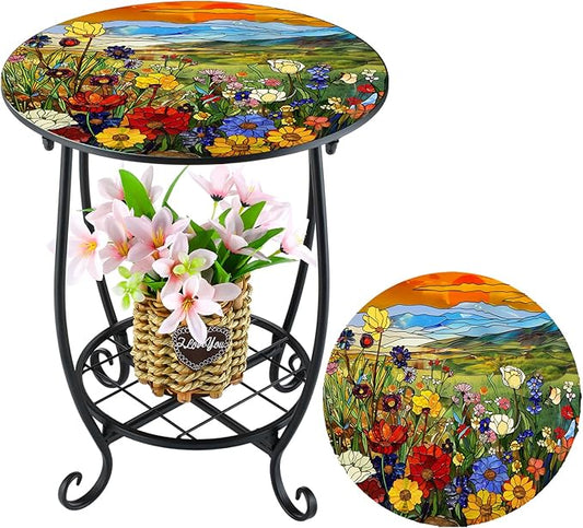 Outdoor Side Table Round Small Mosaic Patio Accent Indoor End Plant Coffee Tea Table for Yard Patio Porch Garden Living Room, Bedroom(Flower Style,14 Inch)