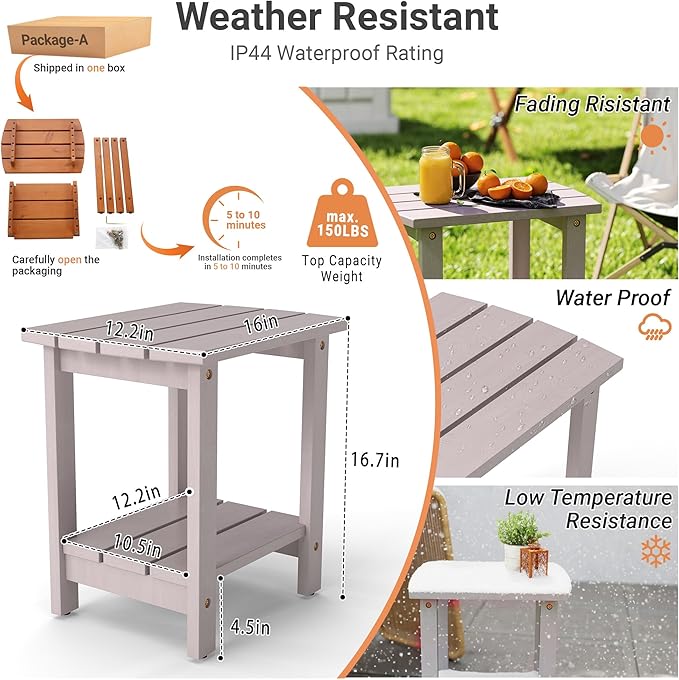 2-Tier Adirondack Side Table 17" with Double Shelf, Easy Assembly Solid Wood End Table,Outdoor & Indoor Small Table for Living Room,Patio, Poolside, Porch - Weather Resistant Concrete Grey