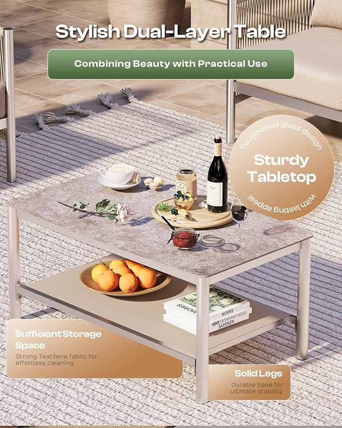 Aluminum Outdoor Patio Furniture Set with Dual-Layer Coffee Table, 4 Piece Modern Patio Conversation Sets with PE Rope, Outdoor Sectional Sofa with Thick Cushions for Balcony, Deck, Beige