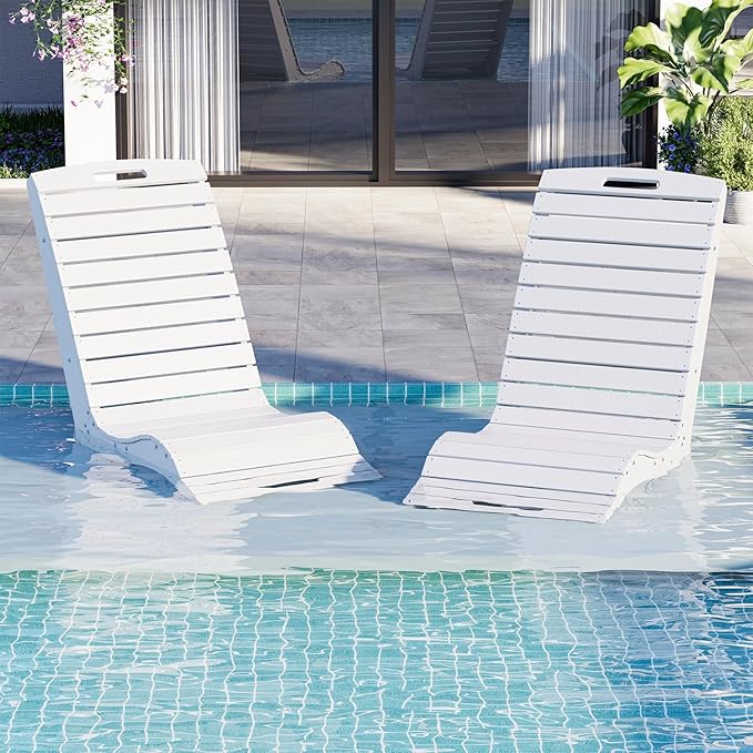 MELLCOM HDPE Pool Lounge Chair, in Pool Lounge Chair up to 10-Inches of Water, Chaise Lounge Chair with Wheels, S Shape Patio Lounge Chair for Pool, Deck, Garden, Beach, White