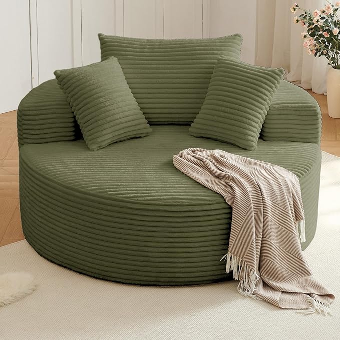 Oversized Round Chair Lounge Chaise Indoor, Upholstered Corduroy Deep Seat Cloud Large Circle Sofa Chair, No Assembly Required, Fluffy Modern Sleeper Sofa Bed for Reading, Living Room, Light Green