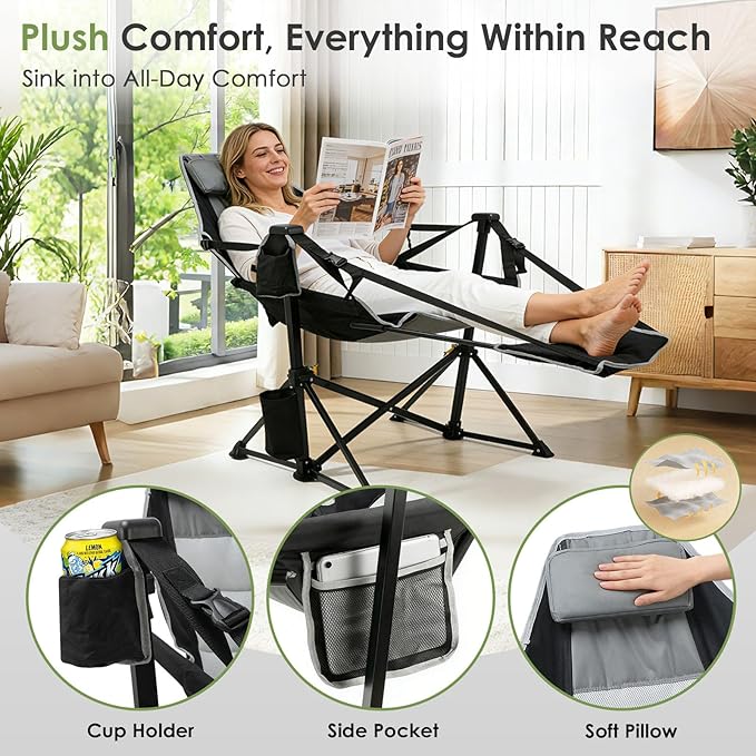 Suteck Hammock Camping Chair with Footrest, Oversized Swinging Folding Chair for Adults, Heavy Duty Portable Rocking Camp Chair with Cup Holder & Pillow for Beach, Patio, Lawn, Supports up to 500 lbs