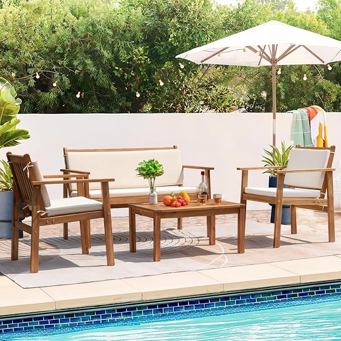 Greesum Outdoor Patio Furniture, 4 Piece Bistro Sofa Set with Coffee Table and Loveseat, Acacia Wood Conversation Sets with Cushions, for Garden, Backyard, Poolside, White