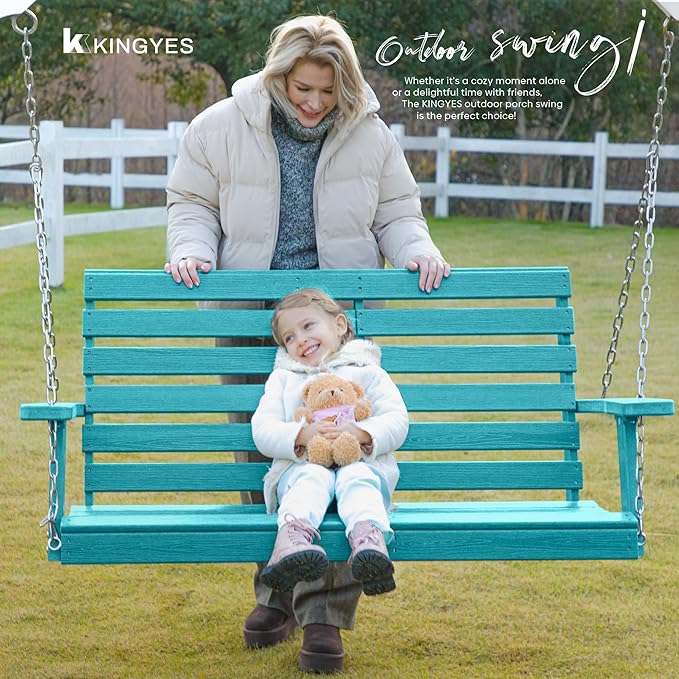 KINGYES Outdoor Hanging Patio Swing Set, 2 Seat Swing Chair with Cup Holders, Waterproof Bench for Courtyard & Garden, 660LBS Weight Capacity, Aruba Blue