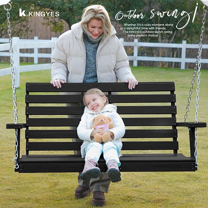 KINGYES Outdoor Hanging Patio Swing Chair, 2 Seat Swing with Cup Holders, Waterproof Bench for Courtyard & Garden, 660LBS Weight Capacity, Black