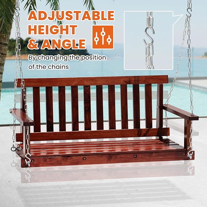 Upgraded Outdoor Wooden Porch Swings 48 Inch Outdoor Swings with Hanging Chains and Fixing Screw, Ergonomic Seat Heavy Duty 800 LBS Swing Bench for Outdoor Patio Garden Yard, Brown