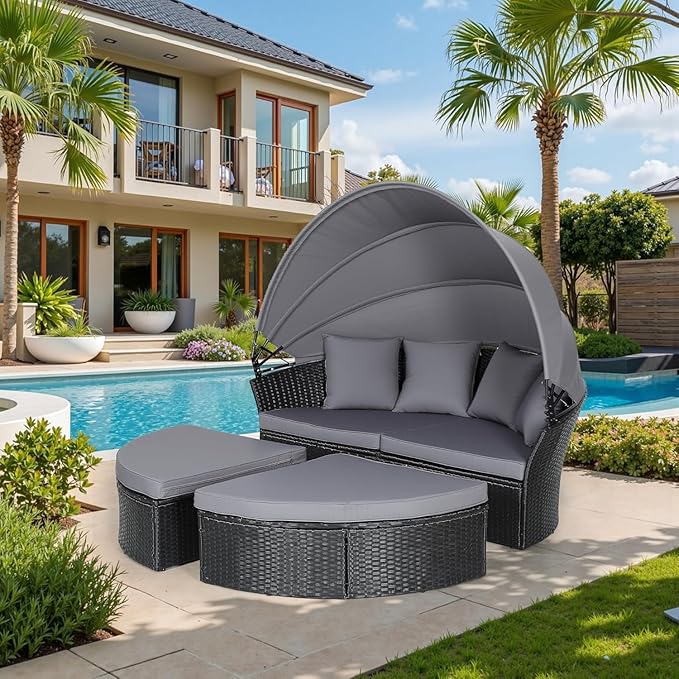 Incbruce Patio Round Daybed with Retractable Canopy, Black Wicker Rattan Sectional Sofa Furniture Set with Separated Cushion Seats for Patio, Porch and Backyard (Black)
