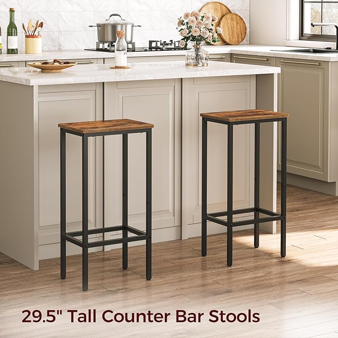Set of 2 Bar Stools, 29.5" Tall Counter Bar Stools, Kitchen Breakfast Bar Chairs with Footrest, Rectangular Industrial Bar Chairs, for Dining Room, Rustic Brown and Black BAHR01701