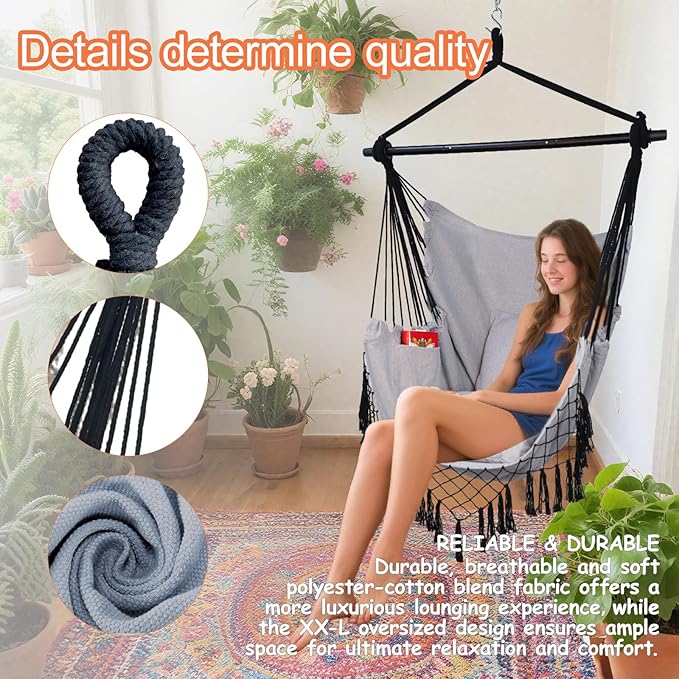 Hammock Chair Hanging Rope Swing Chair,Max 450 Lbs, Large Hanging Chair with Pocket, 2 Cushions, Removable Steel Bar, Hardware Kit Included, Superior Comfort for Indoor Outdoor (Light Grey)