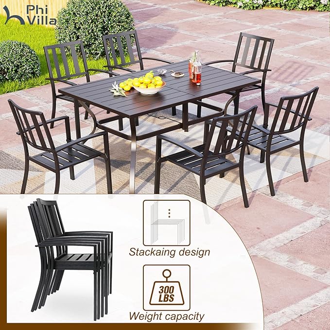 PHI VILLA 7 Piece Patio Dining Set with Umbrella, 60” Rectangular Metal Dining Table & 6 Stackable Metal Chairs & 13ft Large Red Umbrella for Outdoor, Deck, Yard, Porch