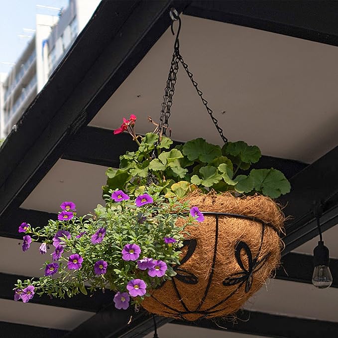 Hanging Baskets Planter for Plants, 2 Pack 10 Inch Round Metal Wire Hanging Flower Pots with Coco Coir Liner Chain, Plant Holder for Home Garden Balcony Decor