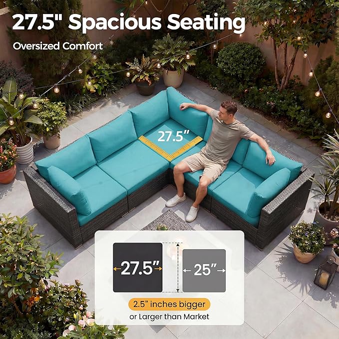 NICESOUL 11 Piece L Shaped Outdoor Conversation Set, 29.3'' High Back Comfy Wicker Patio Sectionals, Large Size Wide & Deep Seat Sofa Couches, 9 Seater Modern Furniture, 2 Color Cushion Teal & Gray