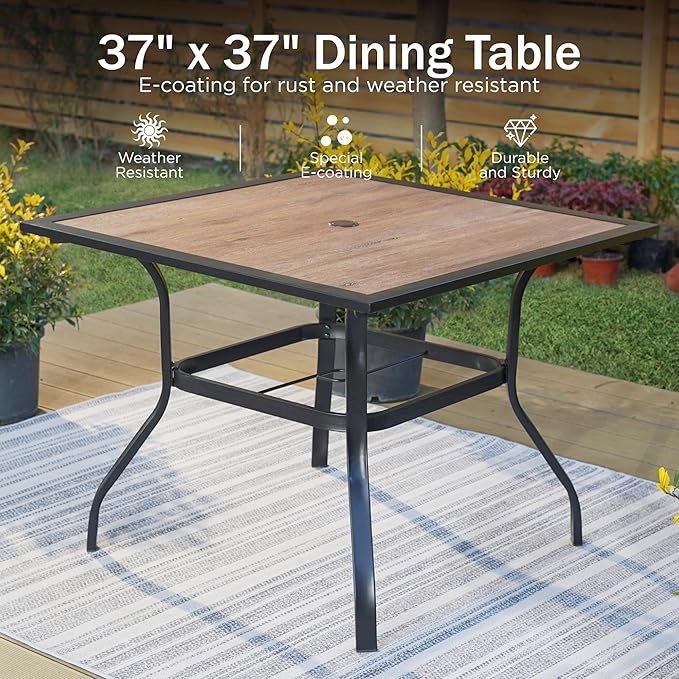 PHI VILLA 5 Piece Outdoor Dining Set for 4, 37" Square Metal Table with Polywood Top & Stacking Wrought Iron Chairs, Outside Furniture for Patio, Deck, Yard, Porch