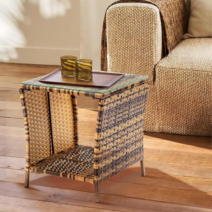 Wicker Rattan Side Table, Outdoor Square Rattan Coffee End Table with Tempered Glass Top and Storage for Patio Porch Lawn (Yellow Gradient)