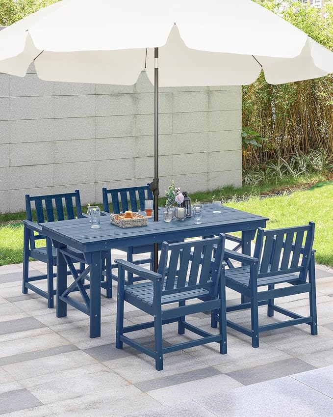 5 Pieces HDPE Patio Dining Set, Outdoor Table and Chairs with Umbrella Hole, Modern Outdoor Dining Set for 4, HDPE Outdoor Patio Furniture Dining Sets for Deck, Poolside, Porch, Navy