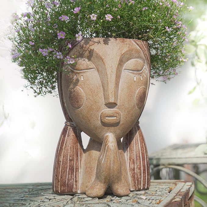 Face Planter Pots with Drainage Hole, Resin Head Planters for Indoor Plants Flower Plant Pots Succulent Pot, Cute Girl Face Planter Gifts for Lover-Praying