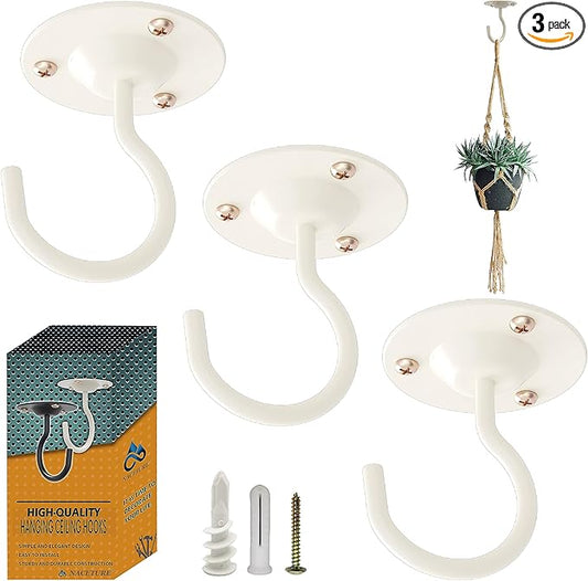 NACETURE Ceiling Hooks for Hanging Plants 3 Pack - Plant Hanger Indoor Hanging Hooks Metal Plant Bracket Iron Lanterns Hangers for Wind Chimes (White 3 Pack)