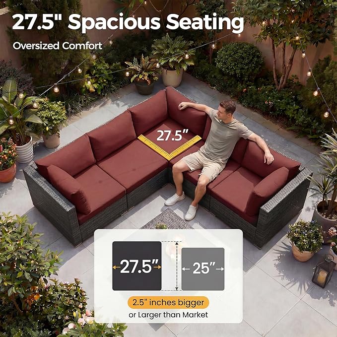 NICESOUL 7 Piece Oversized Patio Furniture Sofa Set with Fire Pit Table Propane Natural Gas Convertible, 29.3'' High Back Sturdy Outdoor Conversation for Heavy People, 2 Color Cushion Wine & Gray