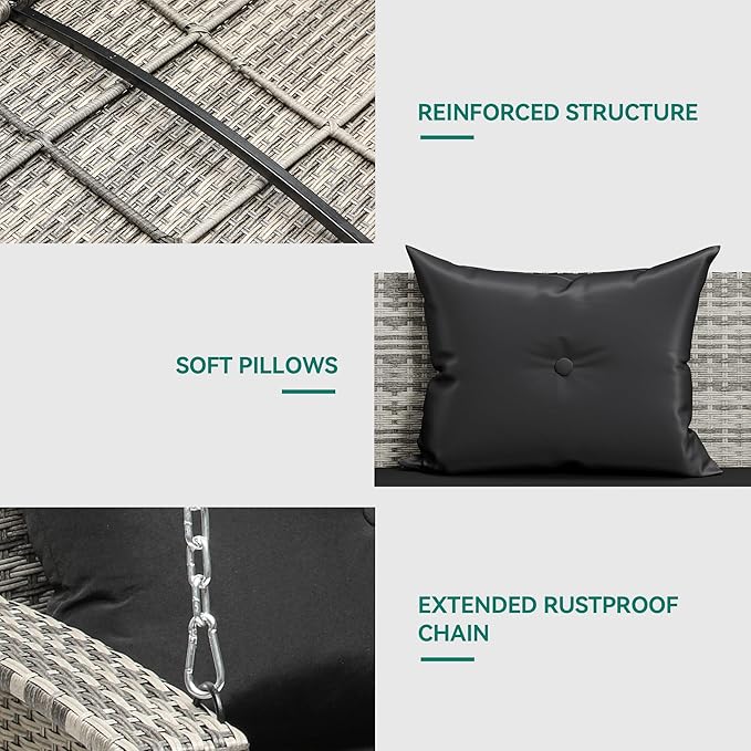 YITAHOME 3-Seats Wicker Hanging Porch Swing Chair Outdoor Gray Rattan Patio Swing Lounge 3 Back Cushions Capacity for Garden, Balcony, Gray Rattan Black Cushion