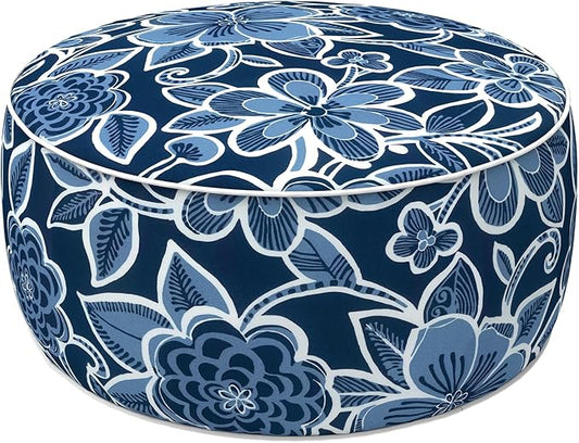 LVTXIII Indoor/Outdoor Inflatable Ottoman with Handle D21 x H9 Inch, Weather-Resistant Round Footstool Pouf for Patio Camping Living Room, Portable Footrest Extra Seating, Flower Navy
