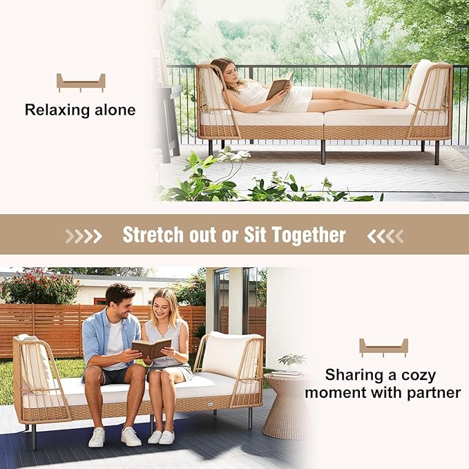 Tangkula Patio Rattan Daybed Set of 2, Boho Outdoor Wicker Lounge Sofa with Seat & Back Cushions, 2-Seat Bench Sun Lounger Chair with Robust Metal Legs for Deck, Backyard, Porch, Poolside (Off White)