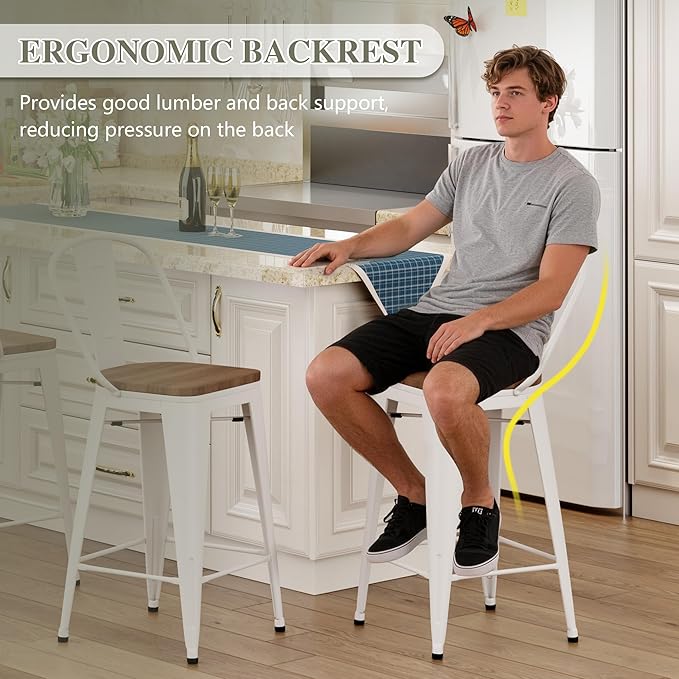 Yongqiang 24" Bar Stools Set of 4 Modern Farmhouse Counter Height Bar Chairs Kitchen Island Metal Barstools with Large Wooden Seat, High Back Cream White