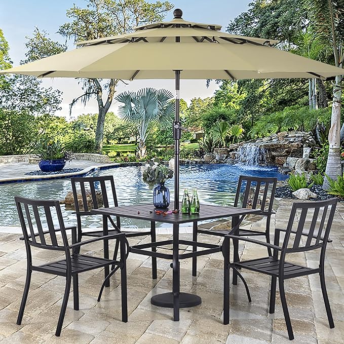PHI VILLA 5 Piece Outdoor Dining Table Set for 4, 37” Black Square Metal Table with Umbrella Hole & Stackable Wrought Iron Chairs, Outside Furniture Set for Patio, Deck, Porch, Backyard