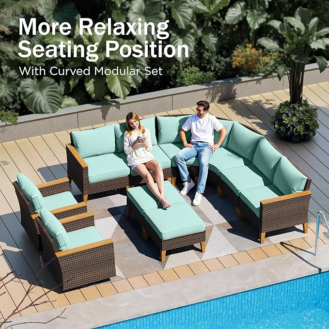PHI VILLA 8-Piece Curved Patio Furniture Set with Fire Pit Table, Outdoor Wicker Half-Moon Sectional Sofa with Cushions, 56” Gas Fire Pit Table and Ottomans, Aqua Blue