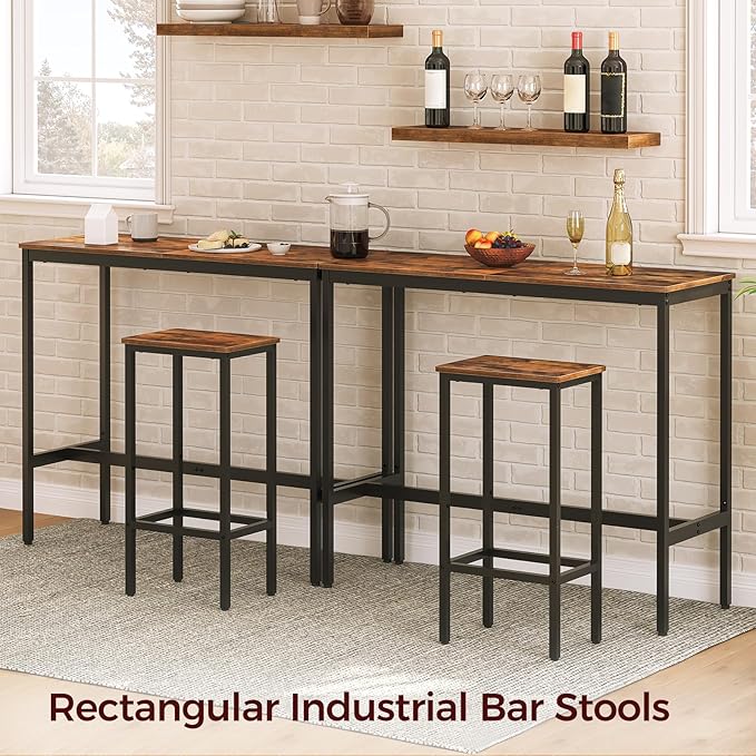 Set of 2 Bar Stools, 29.5" Tall Counter Bar Stools, Kitchen Breakfast Bar Chairs with Footrest, Rectangular Industrial Bar Chairs, for Dining Room, Rustic Brown and Black BAHR01701