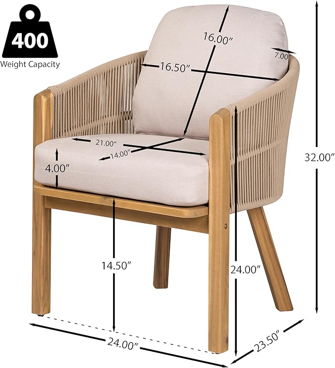 Christopher Knight Home Kclent Outdoor Acacia Wood Dining Set for 6, Patio Table & Chairs with Angled Rope Arm, Removable Cushions, 7 Piece Patio Dinner Set for Backyard Deck, Teak+ Beige