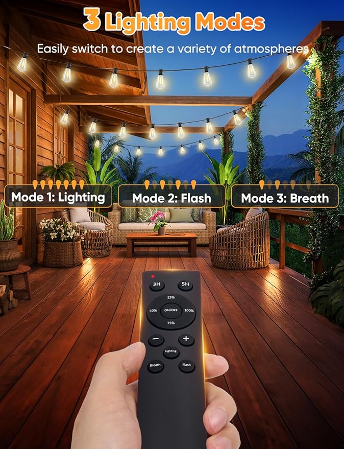Brightever LED Outdoor String Lights with Remote, 100FT Commercial Grade Waterproof Outdoor Patio Lights, 30+2 ST38 Dimmable Edison Bulbs, 2700K Warm White Rope Light for Outside, Low Voltage 24V