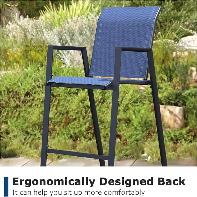 Outdoor Bar Stools Set of 4, 44'' Patio Bar Chairs with Textile High Back, Bar Height Chairs with Straight Armrest and Footrest, Blue